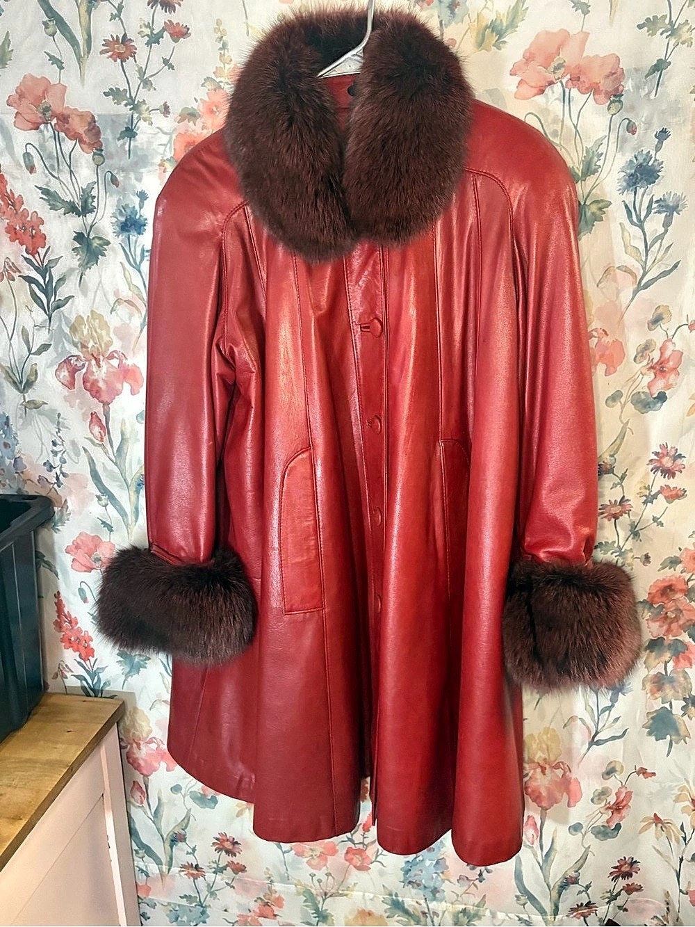 Vintage Sportmaster Leather Fur Trim Coat in Red & Brown Size 10